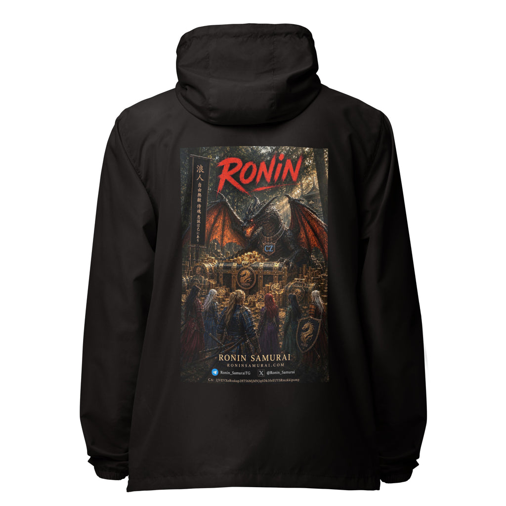 Golden Dragon Ronin Windbreaker, black back: back print of a dark dragon on a golden hoard facing armored warriors, red RONIN