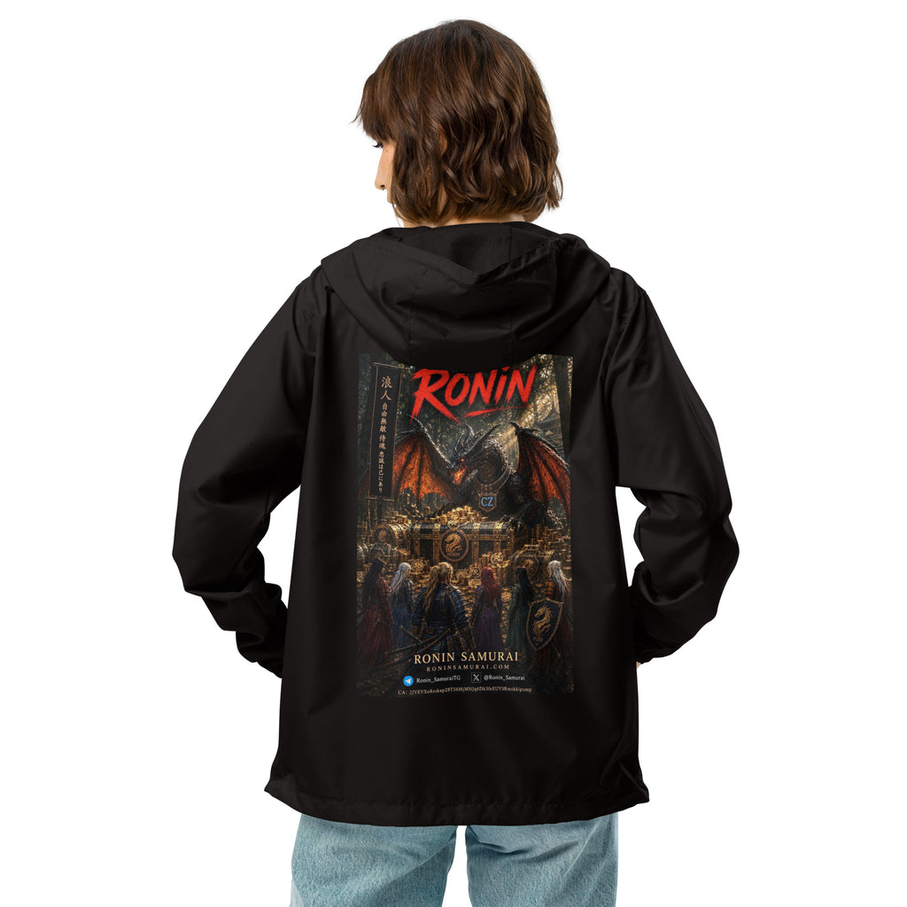 Golden Dragon Ronin Windbreaker, black back: back print of a dark dragon on a golden hoard facing armored warriors, red RONIN
