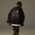 Golden Dragon Ronin Windbreaker, black back: back print of a dark dragon on a golden hoard facing armored warriors, red RONIN