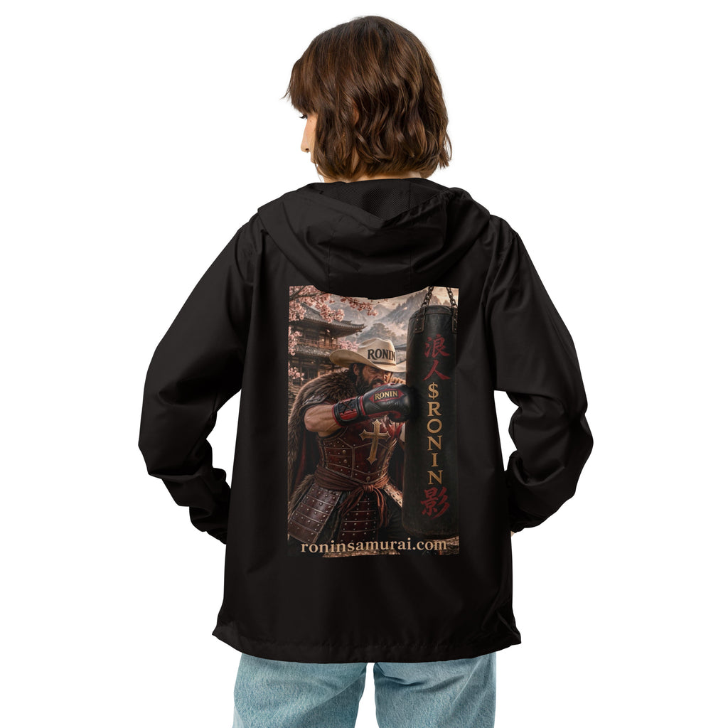 Heavy Bag Ronin Windbreaker, black back: back print of a cowboy-hat samurai boxer punching a heavy bag lettered 浪人 $RONIN