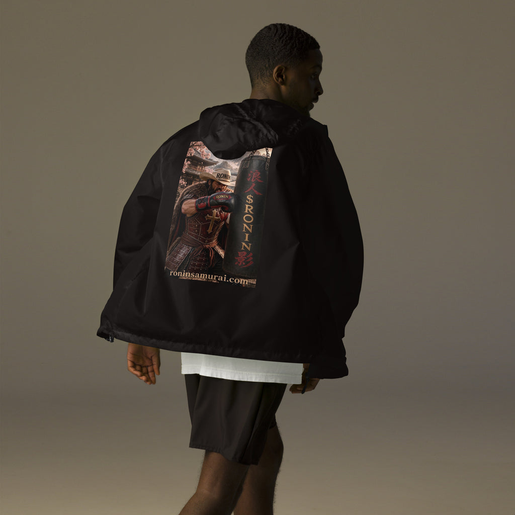 Heavy Bag Ronin Windbreaker, black back: back print of a cowboy-hat samurai boxer punching a heavy bag lettered 浪人 $RONIN
