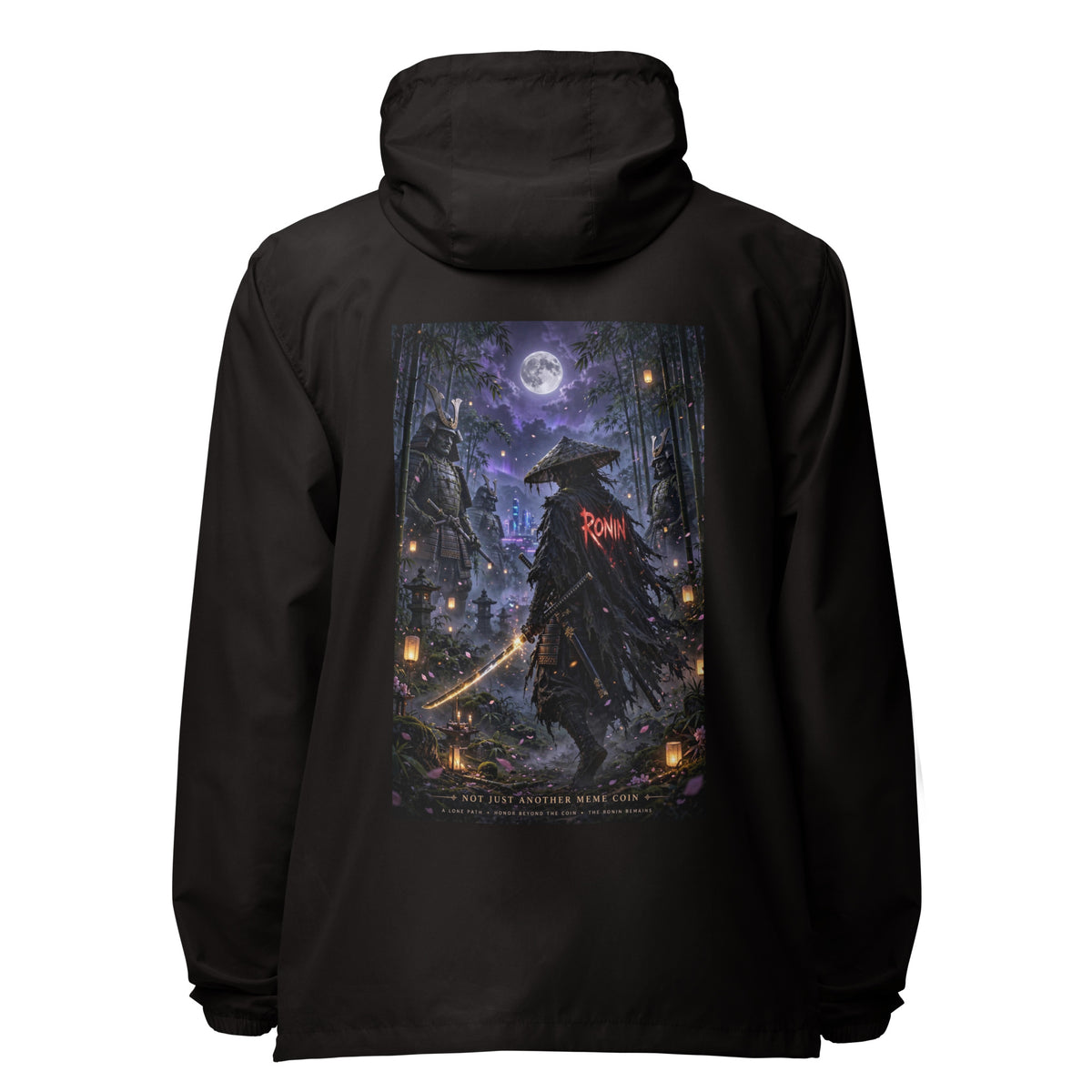 Bamboo Moon Ronin Windbreaker, black back: back print of a straw-hat ronin with a glowing katana in a moonlit lantern bamboo grove