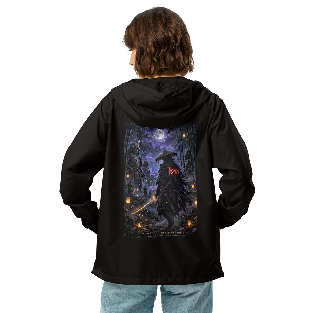 Bamboo Moon Ronin Windbreaker, black back: back print of a straw-hat ronin with a glowing katana in a moonlit lantern bamboo grove