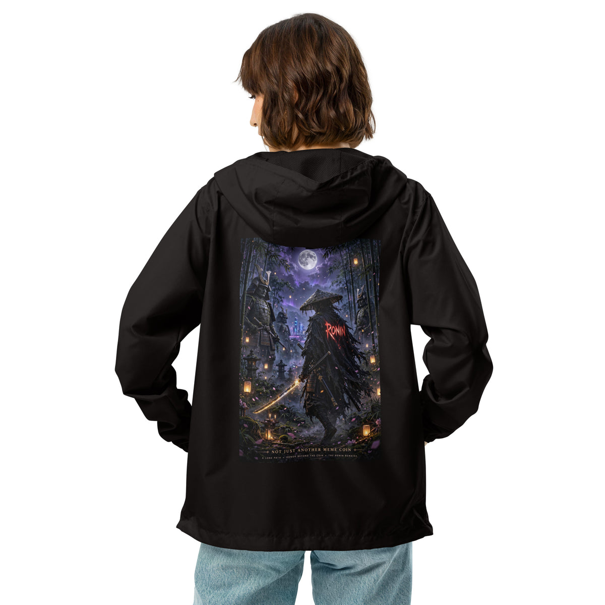 Bamboo Moon Ronin Windbreaker, black back: back print of a straw-hat ronin with a glowing katana in a moonlit lantern bamboo grove