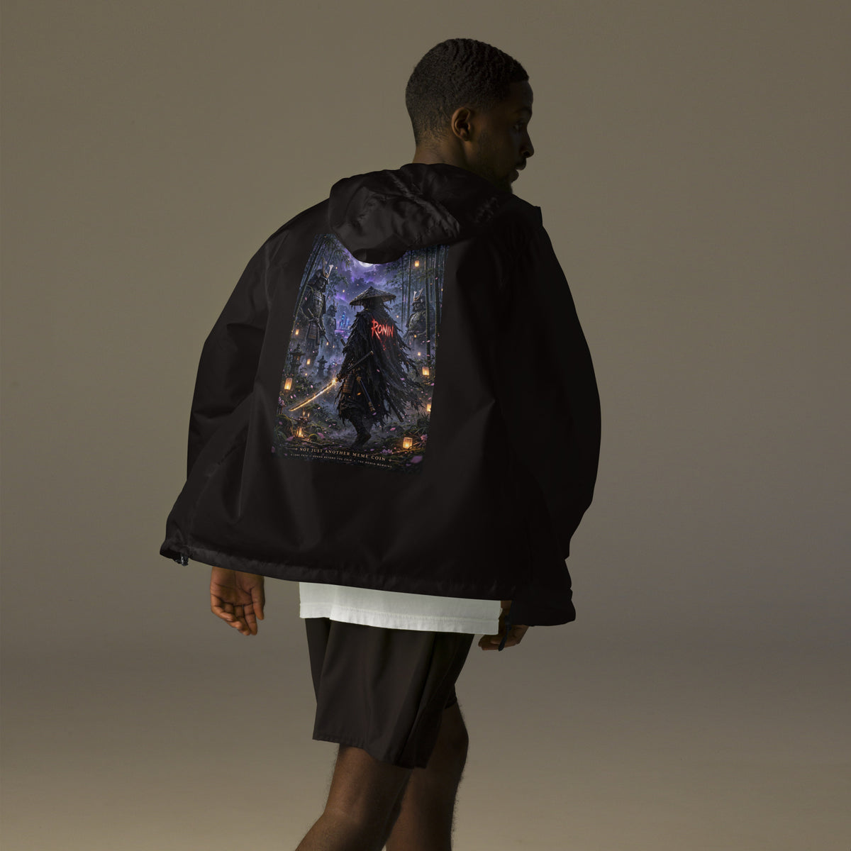 Bamboo Moon Ronin Windbreaker, black back: back print of a straw-hat ronin with a glowing katana in a moonlit lantern bamboo grove