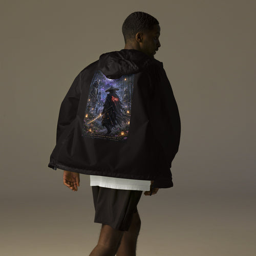 Bamboo Moon Ronin Windbreaker, black back: back print of a straw-hat ronin with a glowing katana in a moonlit lantern bamboo grove