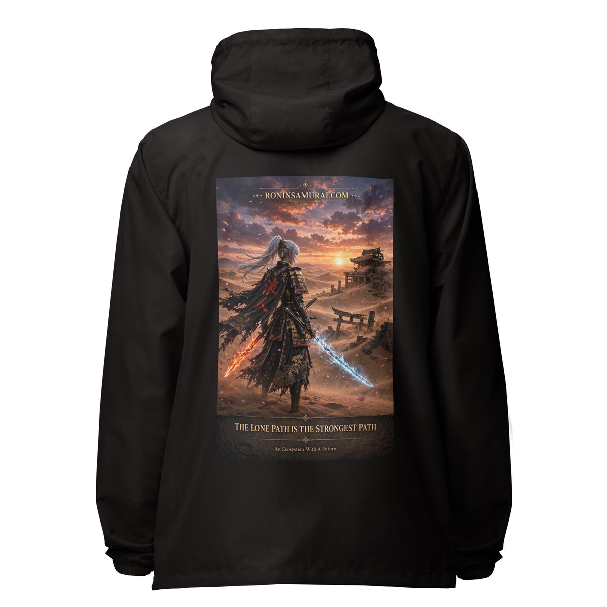Lone Path Ronin Windbreaker, black back: back print of a white-haired samurai with fire and ice blades in a sunset desert