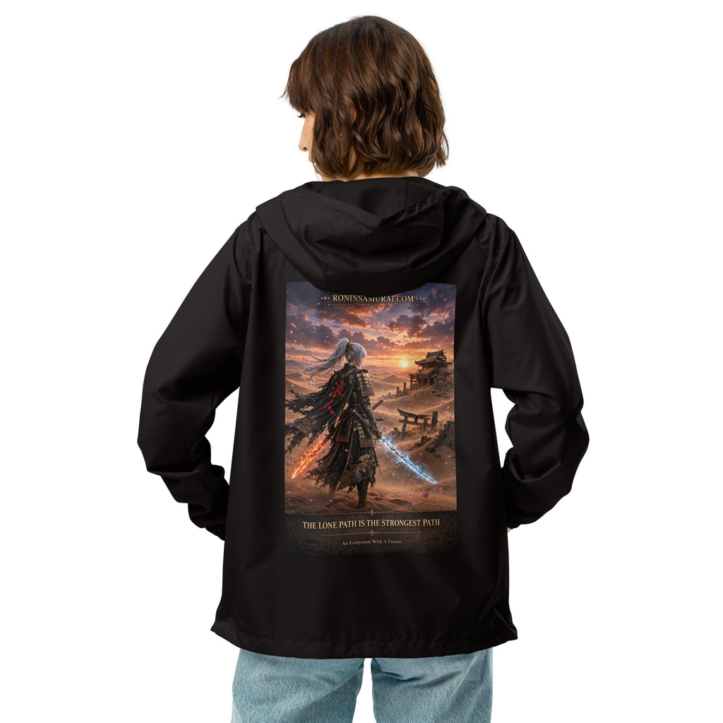 Lone Path Ronin Windbreaker, black back: back print of a white-haired samurai with fire and ice blades in a sunset desert
