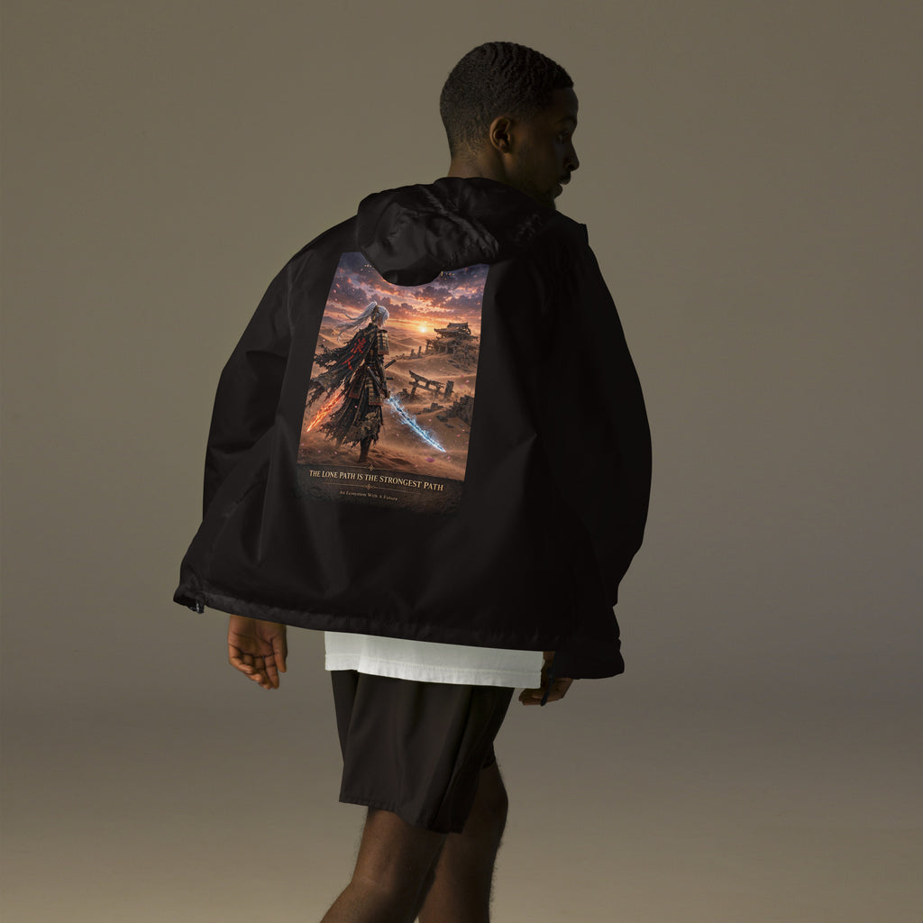 Lone Path Ronin Windbreaker, black back: back print of a white-haired samurai with fire and ice blades in a sunset desert