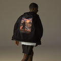 Lone Path Ronin Windbreaker, black back: back print of a white-haired samurai with fire and ice blades in a sunset desert