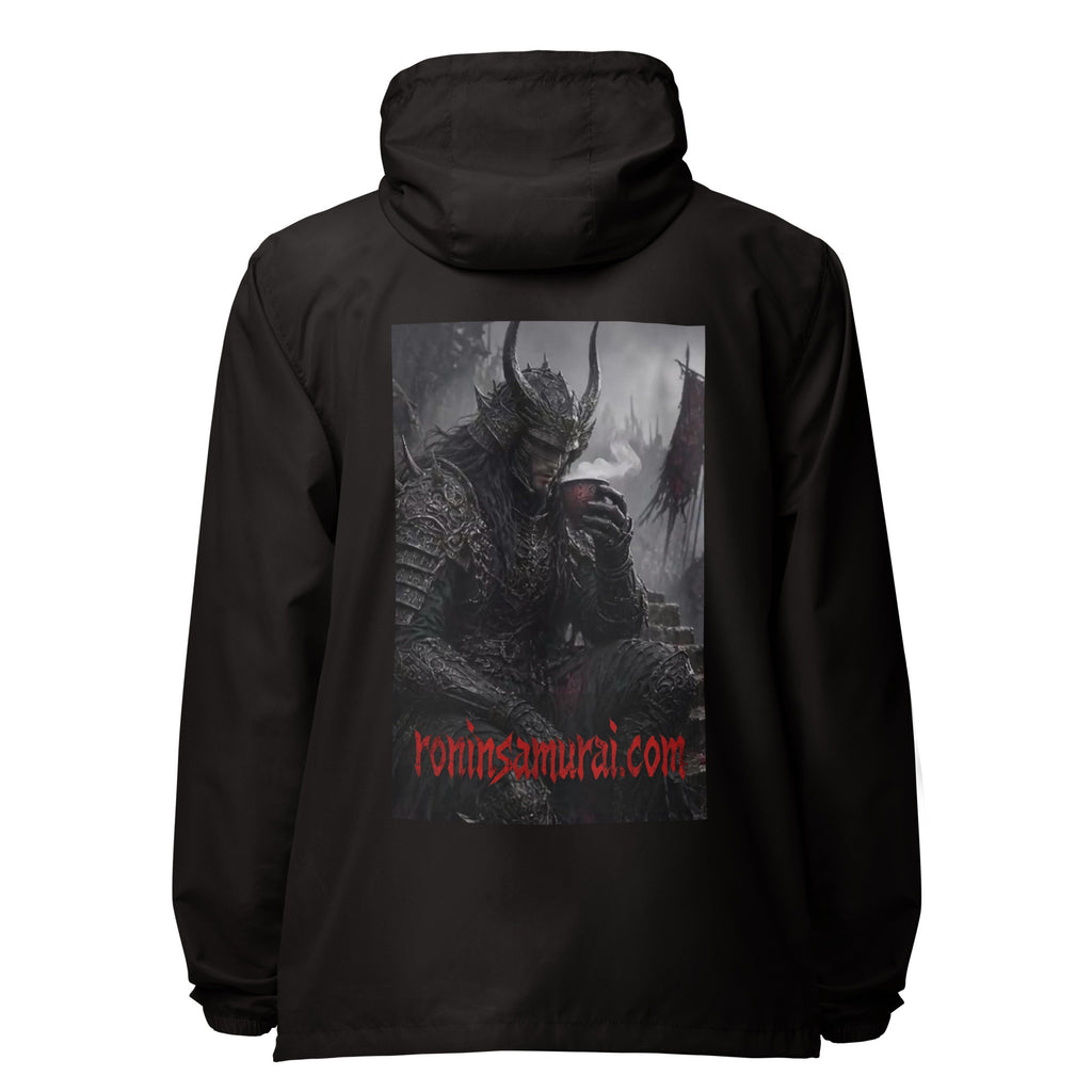 Warlord's Brew Windbreaker, black back: back print of a dark horned armored warlord sipping a steaming cup