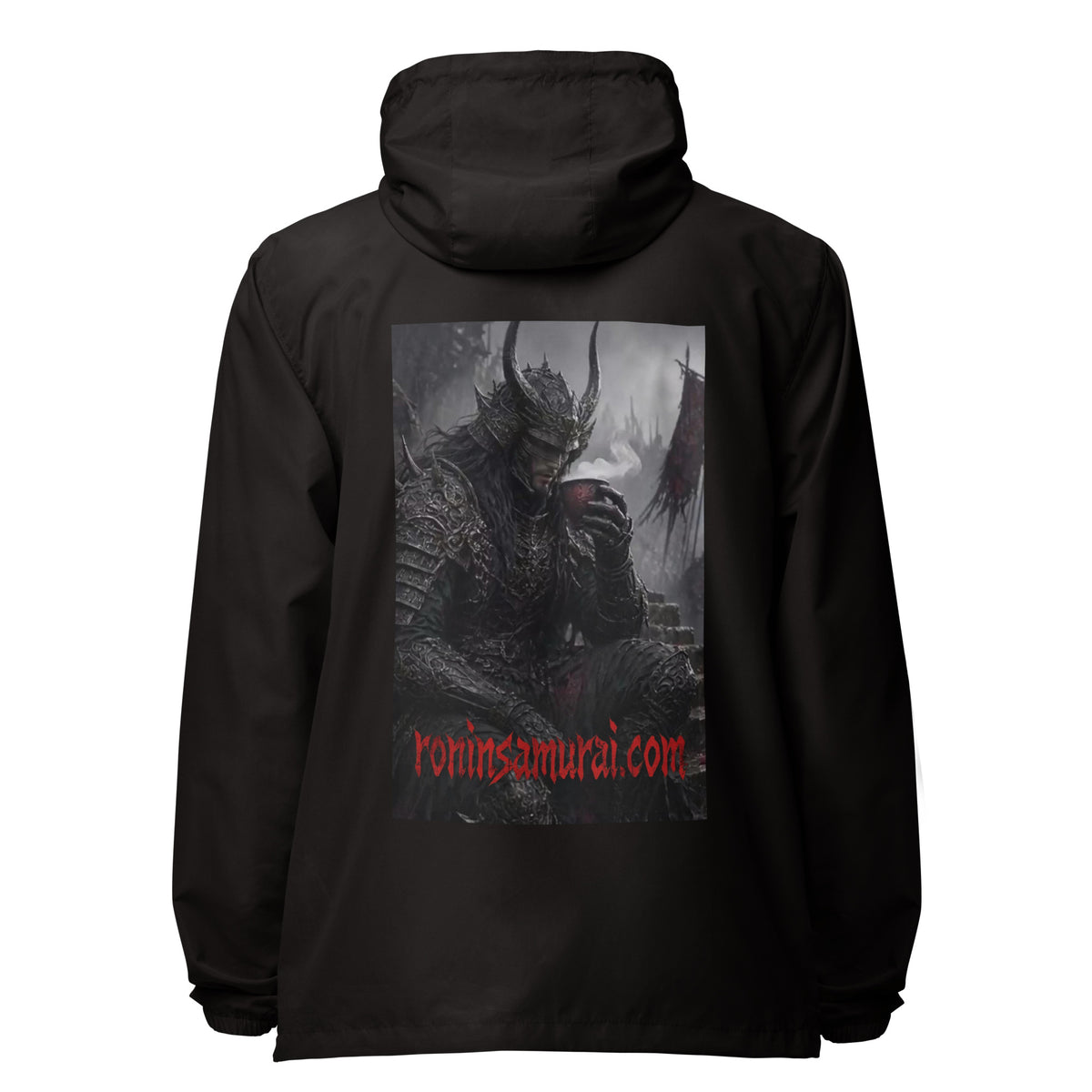 Warlord's Brew Windbreaker, black back: back print of a dark horned armored warlord sipping a steaming cup