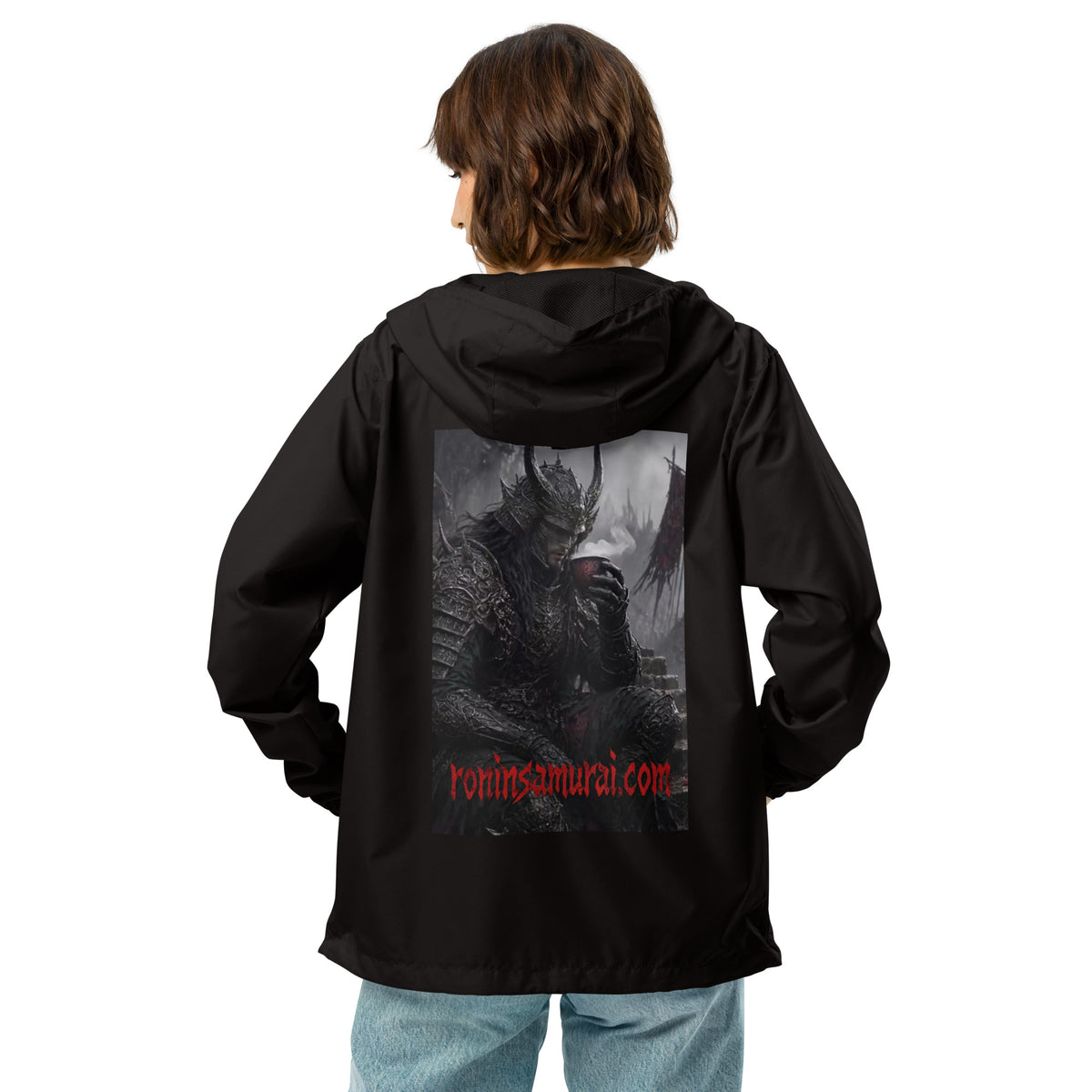 Warlord's Brew Windbreaker, black back: back print of a dark horned armored warlord sipping a steaming cup
