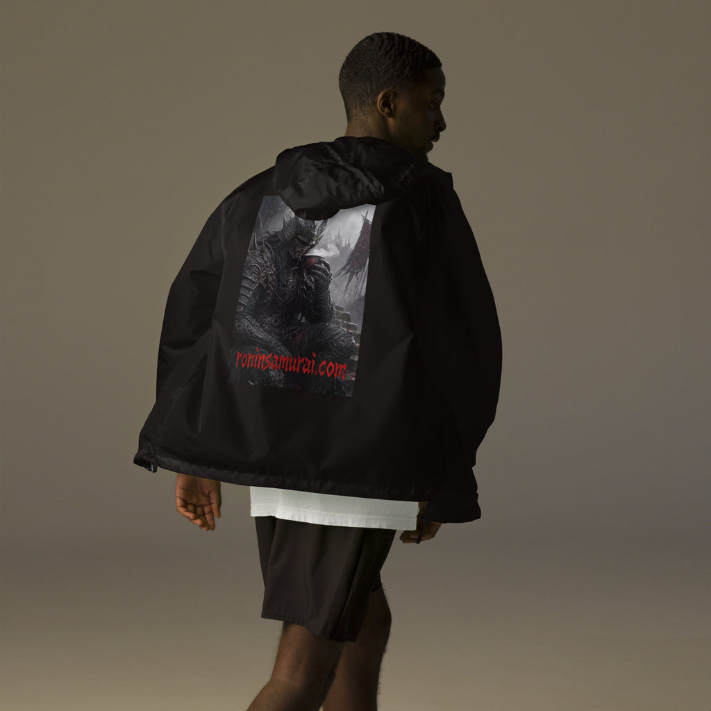 Warlord's Brew Windbreaker, black back: back print of a dark horned armored warlord sipping a steaming cup