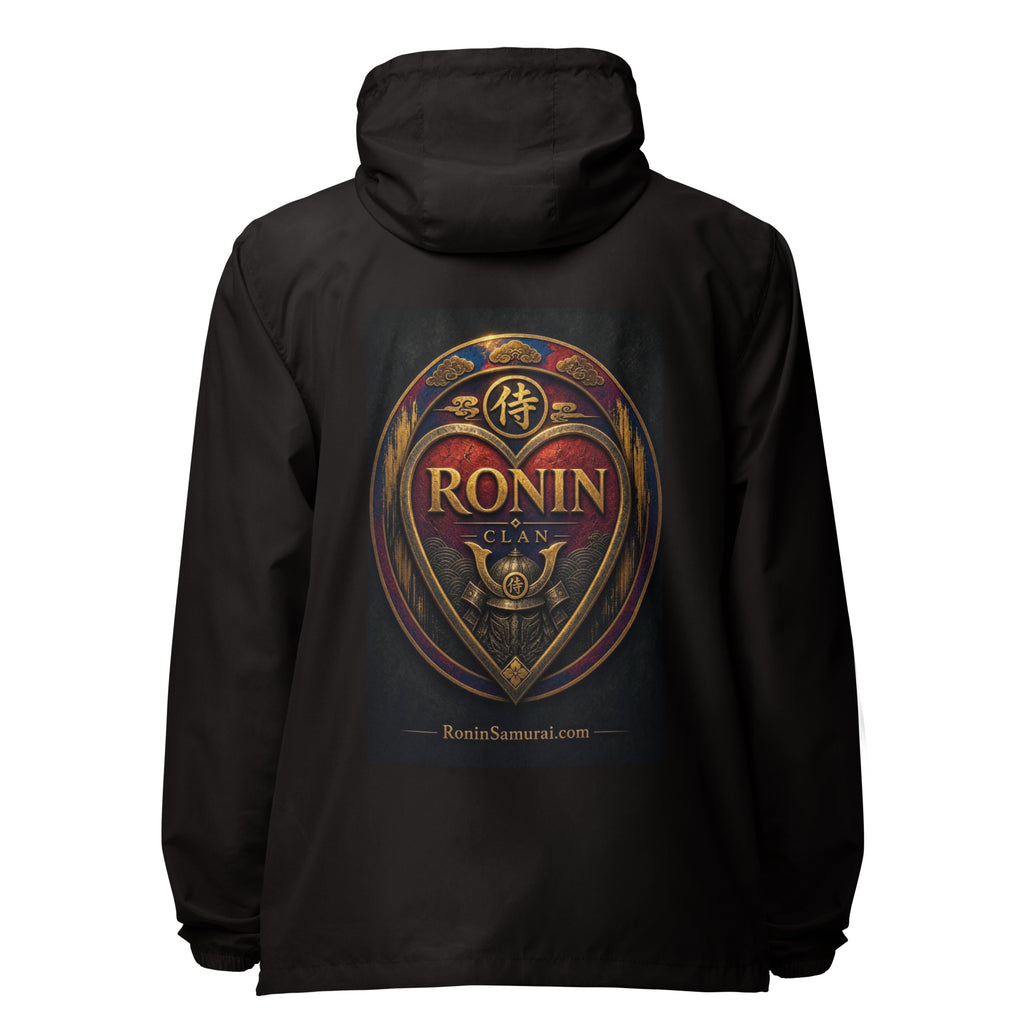 Royal Crest Ronin Clan Windbreaker, black back: gilded red-and-gold heart shield with the 侍 seal, RONIN CLAN and kabuto emblem