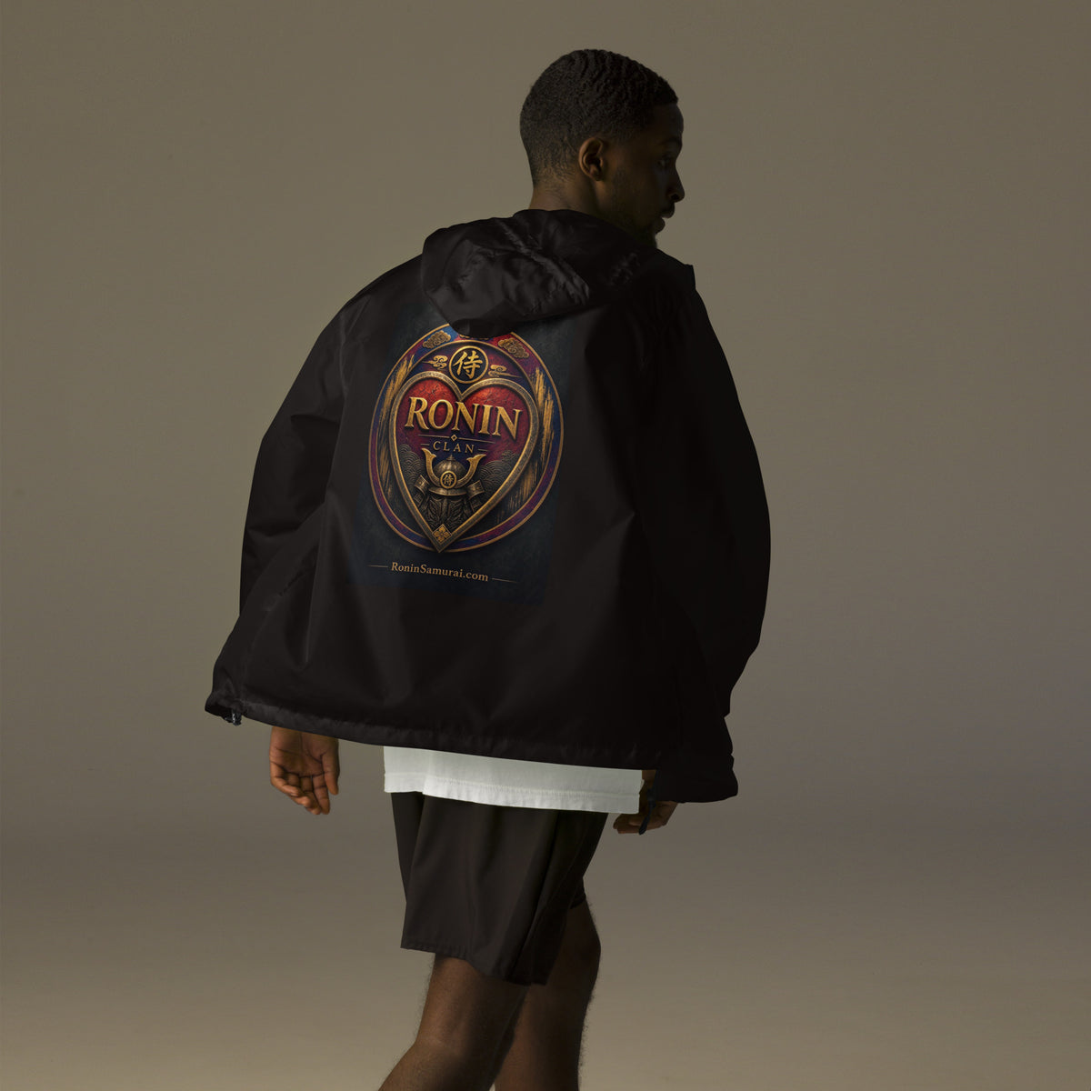 Royal Crest Ronin Clan Windbreaker, black back: gilded red-and-gold heart shield with the 侍 seal, RONIN CLAN and kabuto emblem