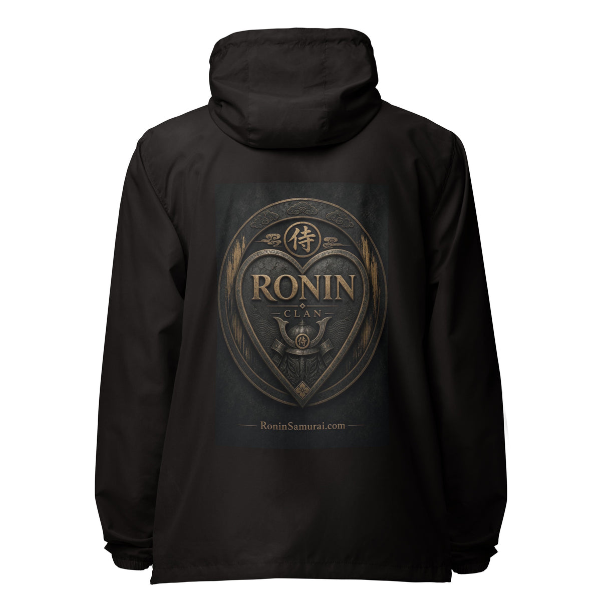 Bronze Crest Ronin Clan Windbreaker, black back: bronze heart shield with the 侍 seal, RONIN CLAN and a kabuto emblem