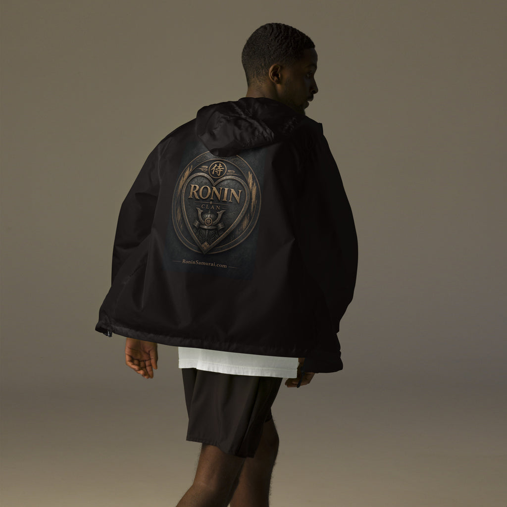 Bronze Crest Ronin Clan Windbreaker, black back: bronze heart shield with the 侍 seal, RONIN CLAN and a kabuto emblem