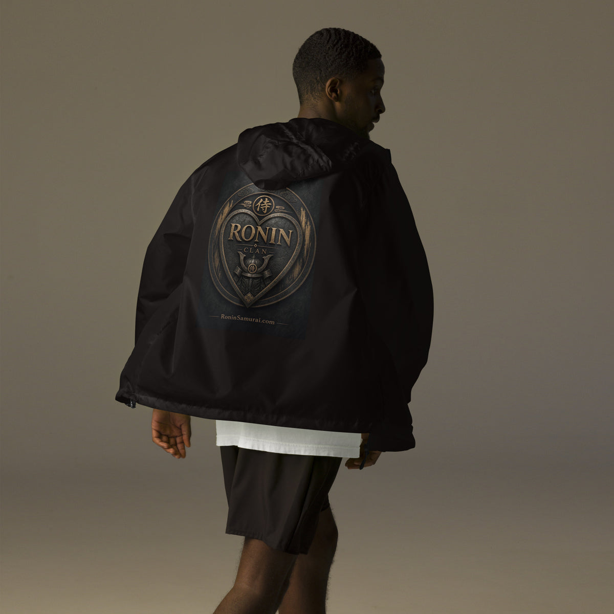 Bronze Crest Ronin Clan Windbreaker, black back: bronze heart shield with the 侍 seal, RONIN CLAN and a kabuto emblem