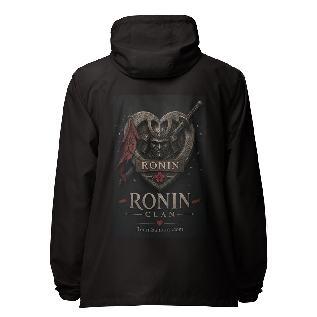 Kabuto Heart Ronin Clan Windbreaker, black back: stone heart with a masked kabuto warrior, katana and red banner, RONIN CLAN