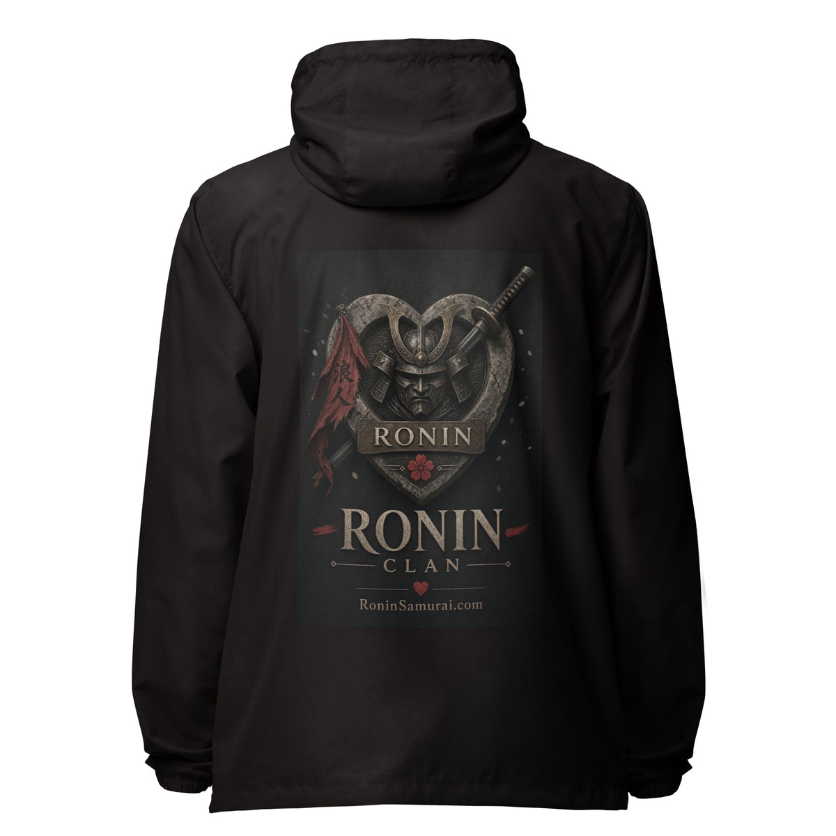 Kabuto Heart Ronin Clan Windbreaker, black back: stone heart with a masked kabuto warrior, katana and red banner, RONIN CLAN