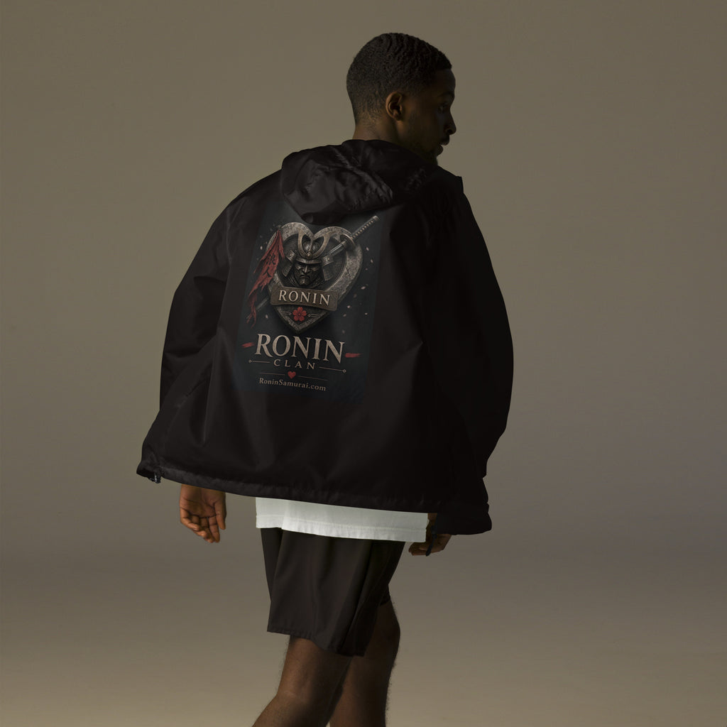 Kabuto Heart Ronin Clan Windbreaker, black back: stone heart with a masked kabuto warrior, katana and red banner, RONIN CLAN