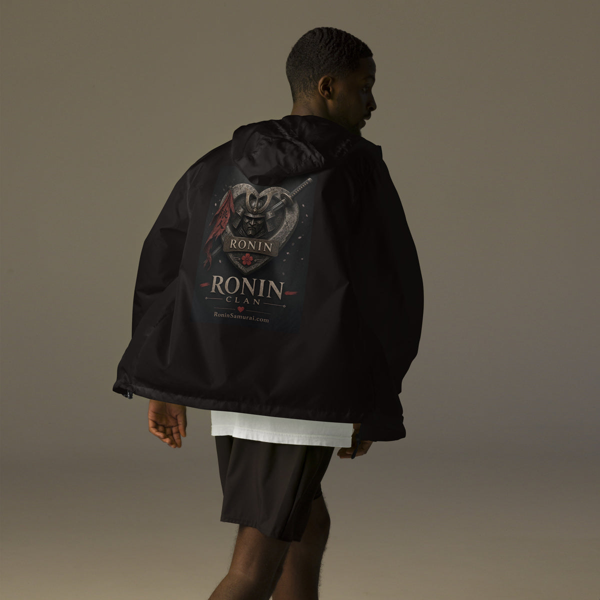 Kabuto Heart Ronin Clan Windbreaker, black back: stone heart with a masked kabuto warrior, katana and red banner, RONIN CLAN