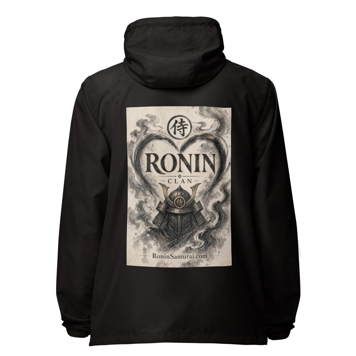 Ink Heart Ronin Clan Windbreaker, black back: ink-wash heart around a kabuto helmet on cream paper, 侍 seal and RONIN CLAN