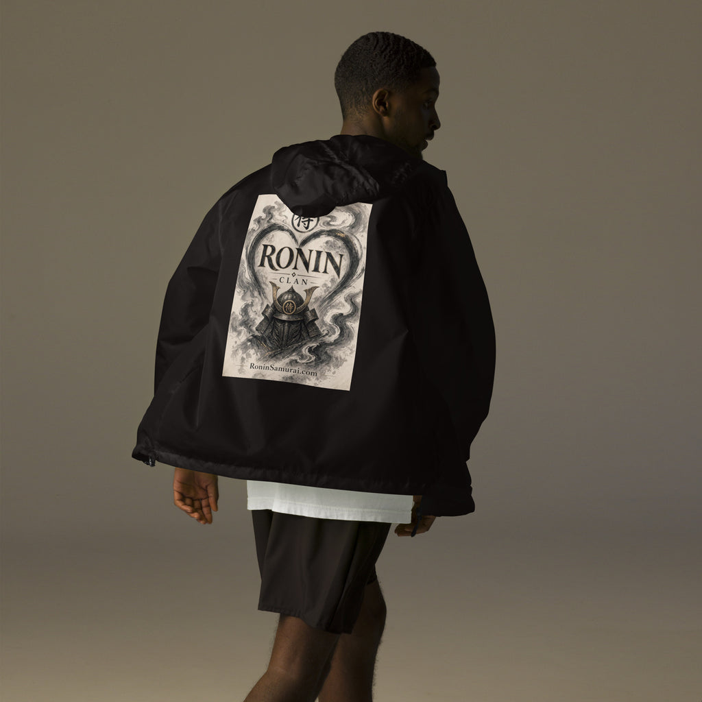 Ink Heart Ronin Clan Windbreaker, black back: ink-wash heart around a kabuto helmet on cream paper, 侍 seal and RONIN CLAN