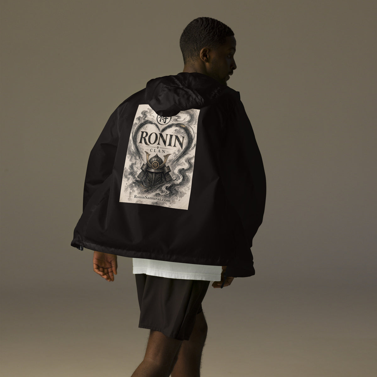 Ink Heart Ronin Clan Windbreaker, black back: ink-wash heart around a kabuto helmet on cream paper, 侍 seal and RONIN CLAN