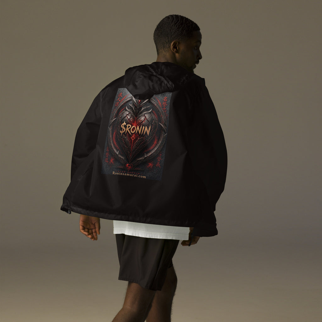 Obsidian Heart Ronin Windbreaker, black back: spiked black armored heart with a glowing red core and $RONIN, red kanji at the sides