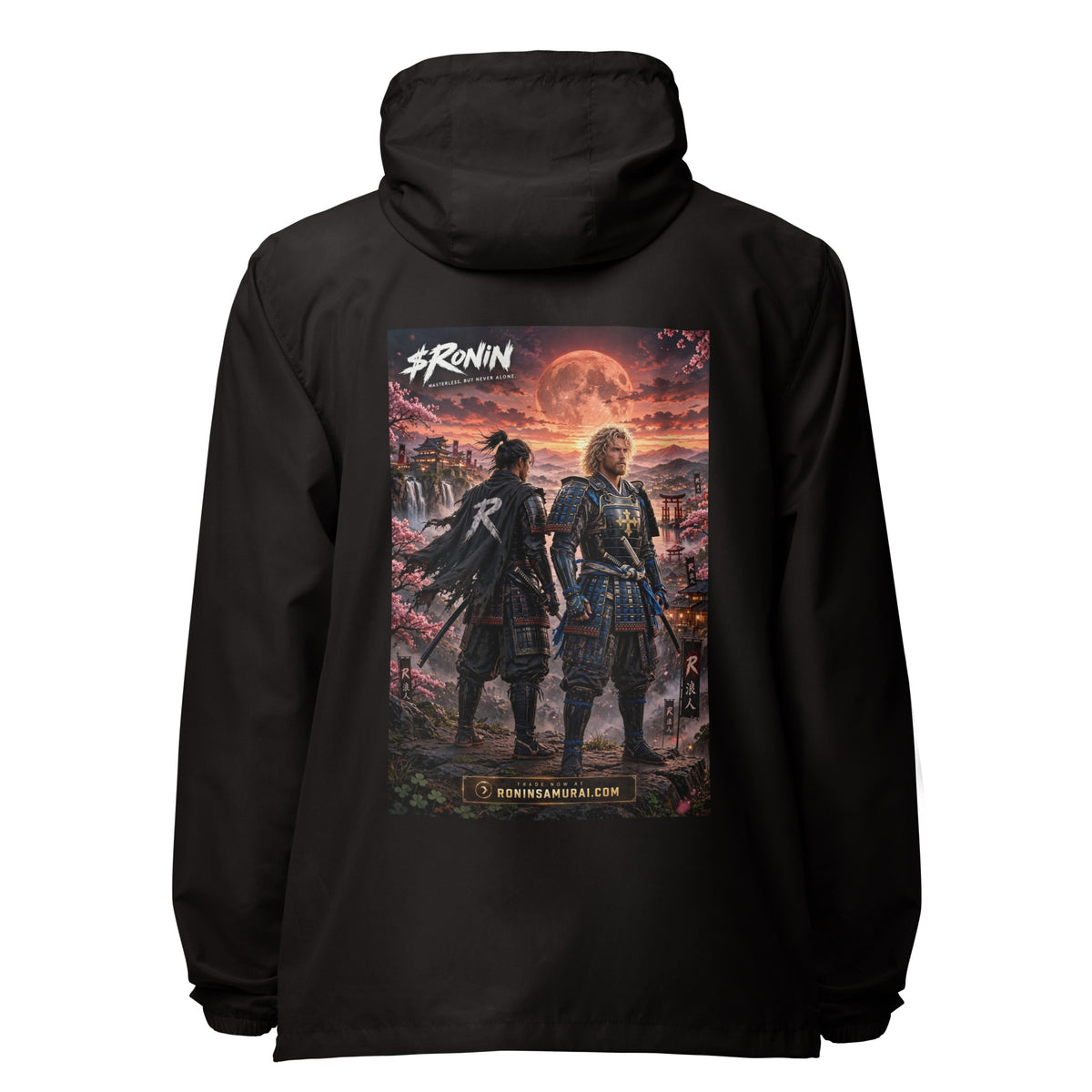 Sworn Brothers Ronin Windbreaker, black back: two warriors, a dark-haired ronin and a golden-haired samurai in blue armor, under a blood-red moon with a white $RONIN