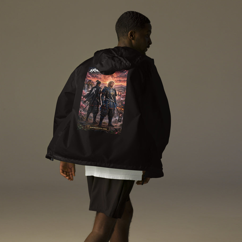 Sworn Brothers Ronin Windbreaker, black back: two warriors, a dark-haired ronin and a golden-haired samurai in blue armor, under a blood-red moon with a white $RONIN