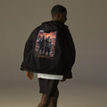 Sworn Brothers Ronin Windbreaker, black back: two warriors, a dark-haired ronin and a golden-haired samurai in blue armor, under a blood-red moon with a white $RONIN