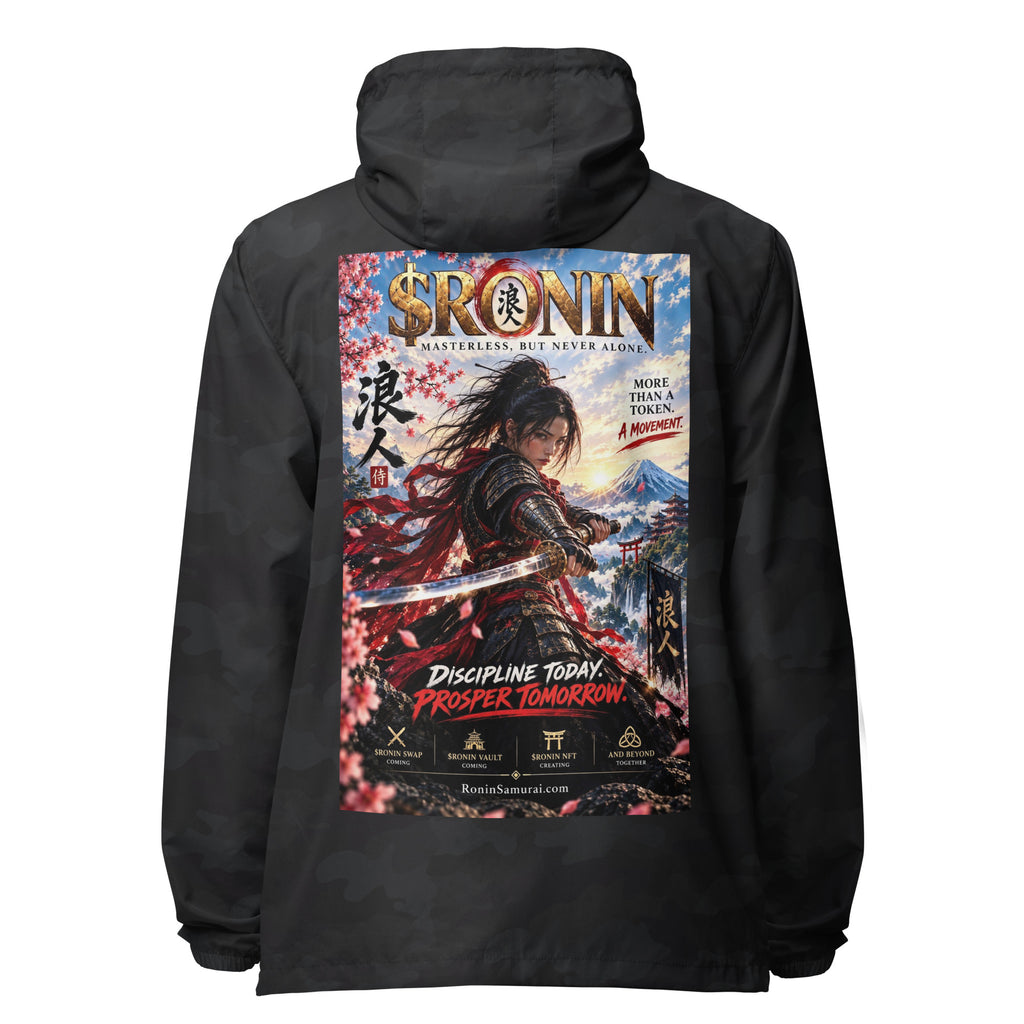 Discipline Today Ronin Windbreaker, black camo back: back print of a female samurai lunging with a katana before Fuji under a gold $RONIN