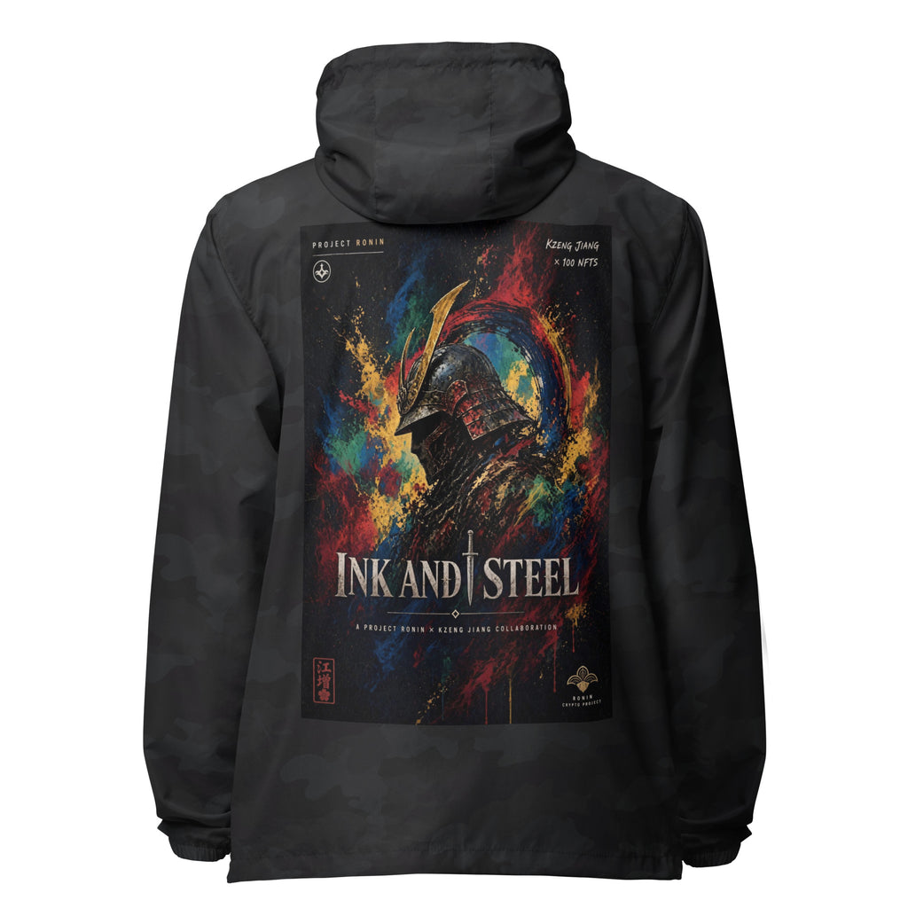 Ink and Steel Samurai Windbreaker, black camo back: back print of a samurai in a gold-crested helmet amid paint splashes, INK AND STEEL