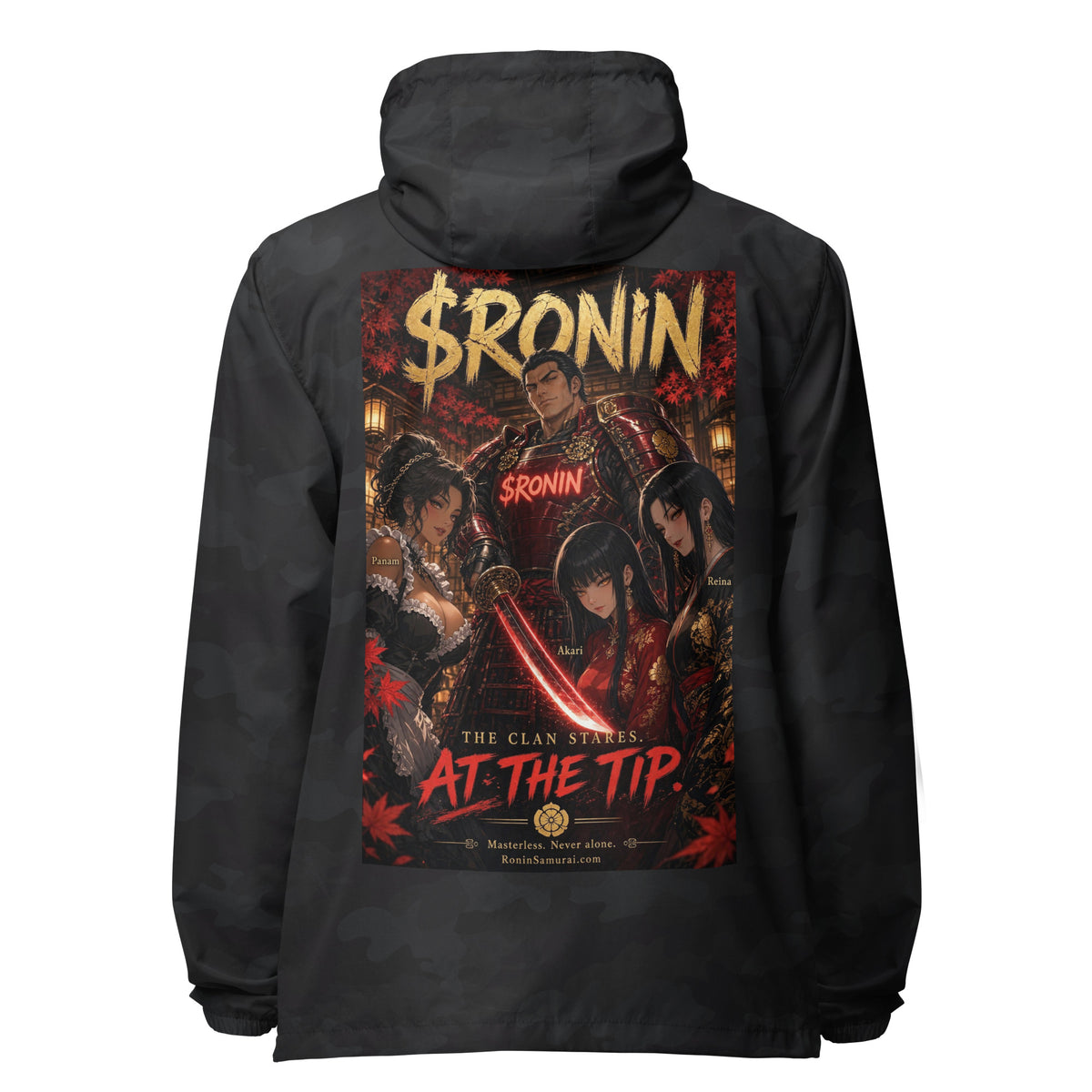 Clan at the Tip Windbreaker, black camo back: back print of a red-armored samurai with three swordswomen, THE CLAN AT THE TIP