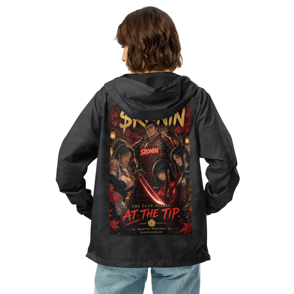 Clan at the Tip Windbreaker, black camo back: back print of a red-armored samurai with three swordswomen, THE CLAN AT THE TIP