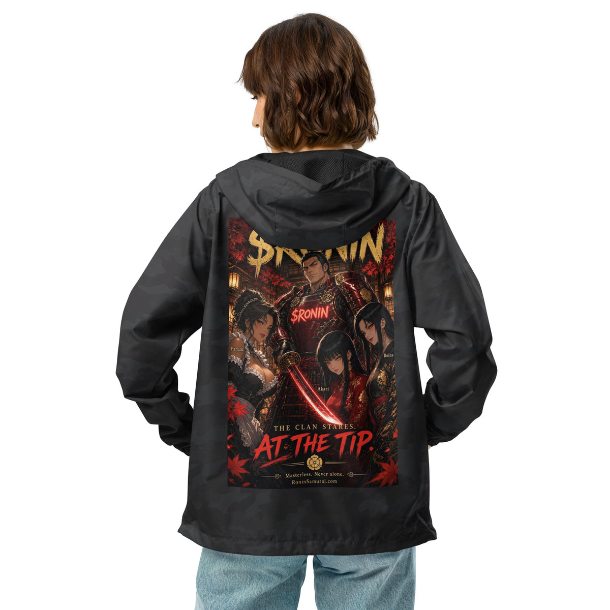 Clan at the Tip Windbreaker, black camo back: back print of a red-armored samurai with three swordswomen, THE CLAN AT THE TIP