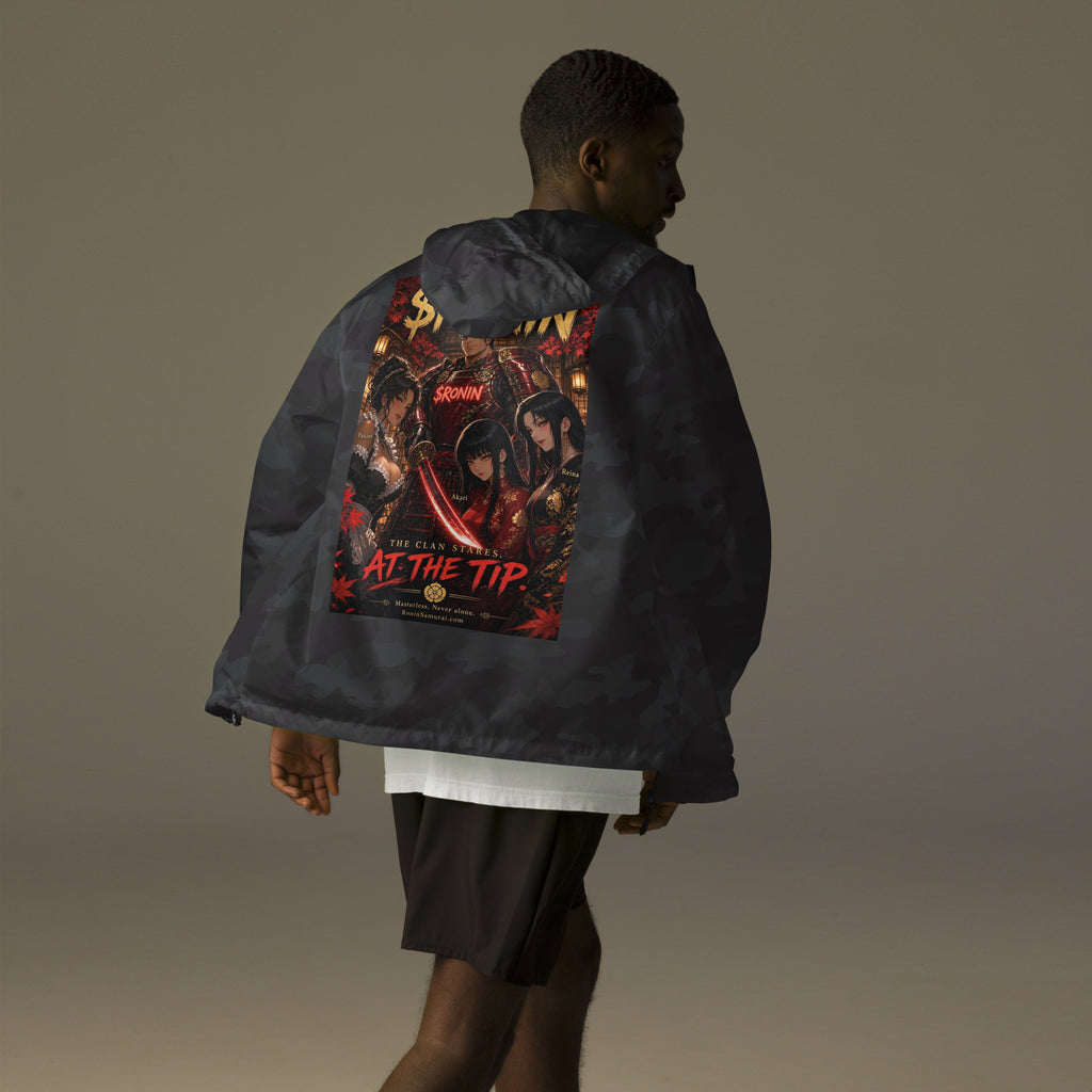 Clan at the Tip Windbreaker, black camo back: back print of a red-armored samurai with three swordswomen, THE CLAN AT THE TIP