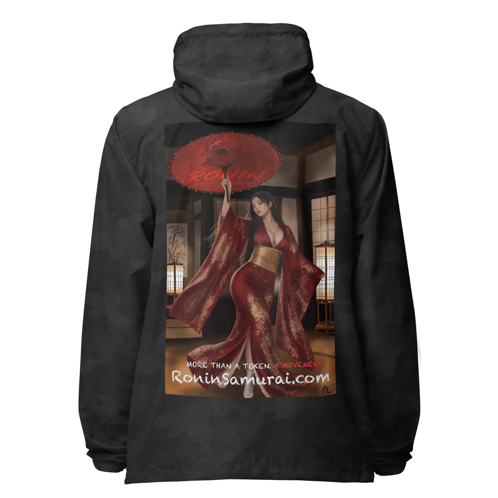 Red Parasol Ronin Windbreaker, black camo back: back print of a woman in a red kimono holding a red parasol in a shoji room