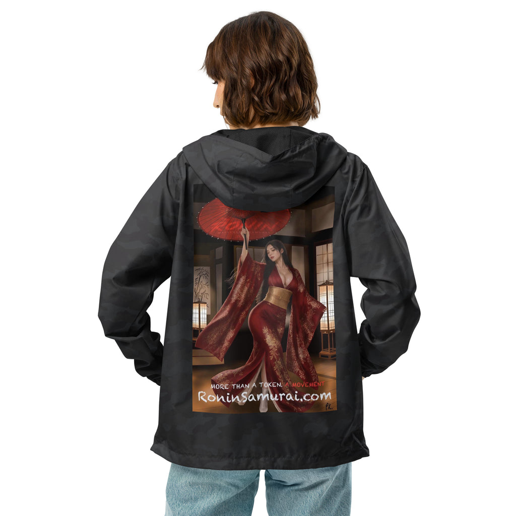 Red Parasol Ronin Windbreaker, black camo back: back print of a woman in a red kimono holding a red parasol in a shoji room