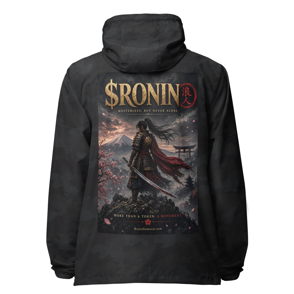 Torii Ridge Ronin Windbreaker, black camo back: back print of a caped female samurai on a ridge facing Fuji and a torii under gold $RONIN
