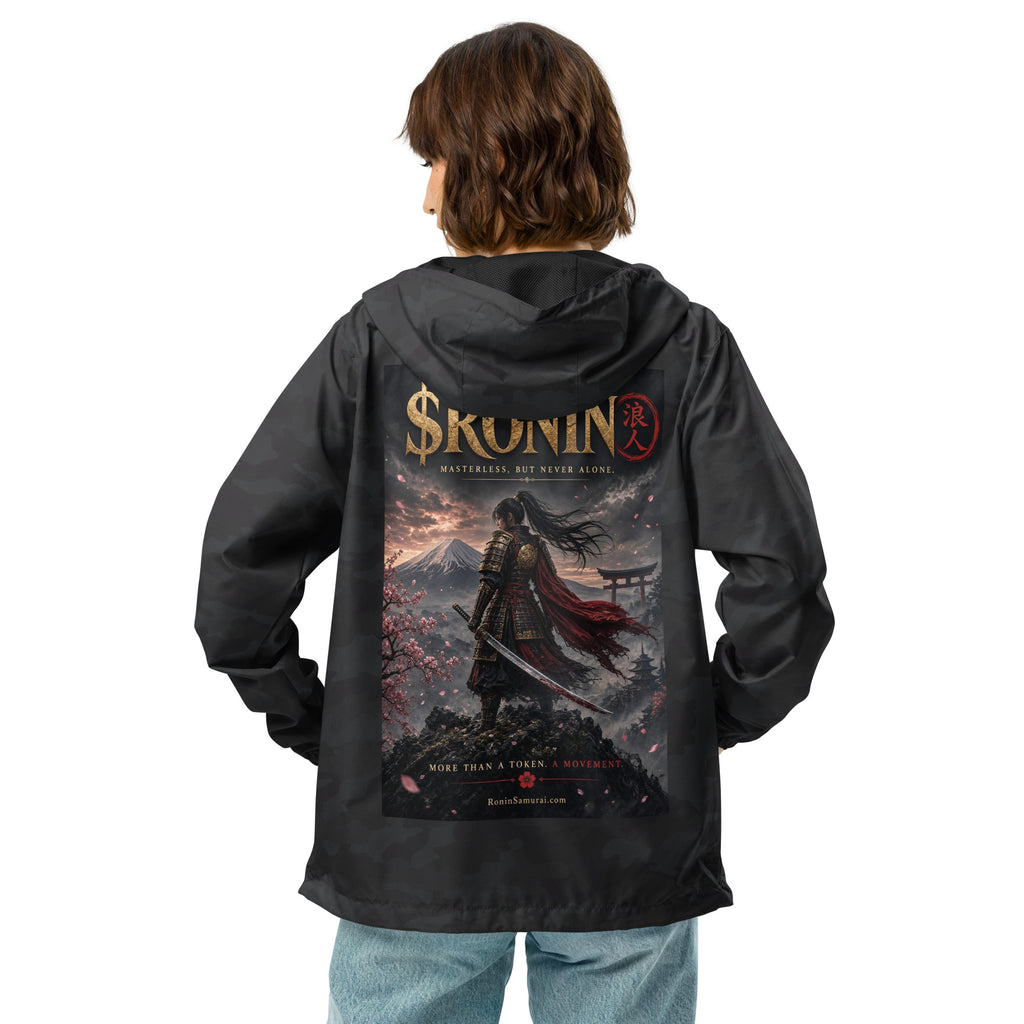 Torii Ridge Ronin Windbreaker, black camo back: back print of a caped female samurai on a ridge facing Fuji and a torii under gold $RONIN