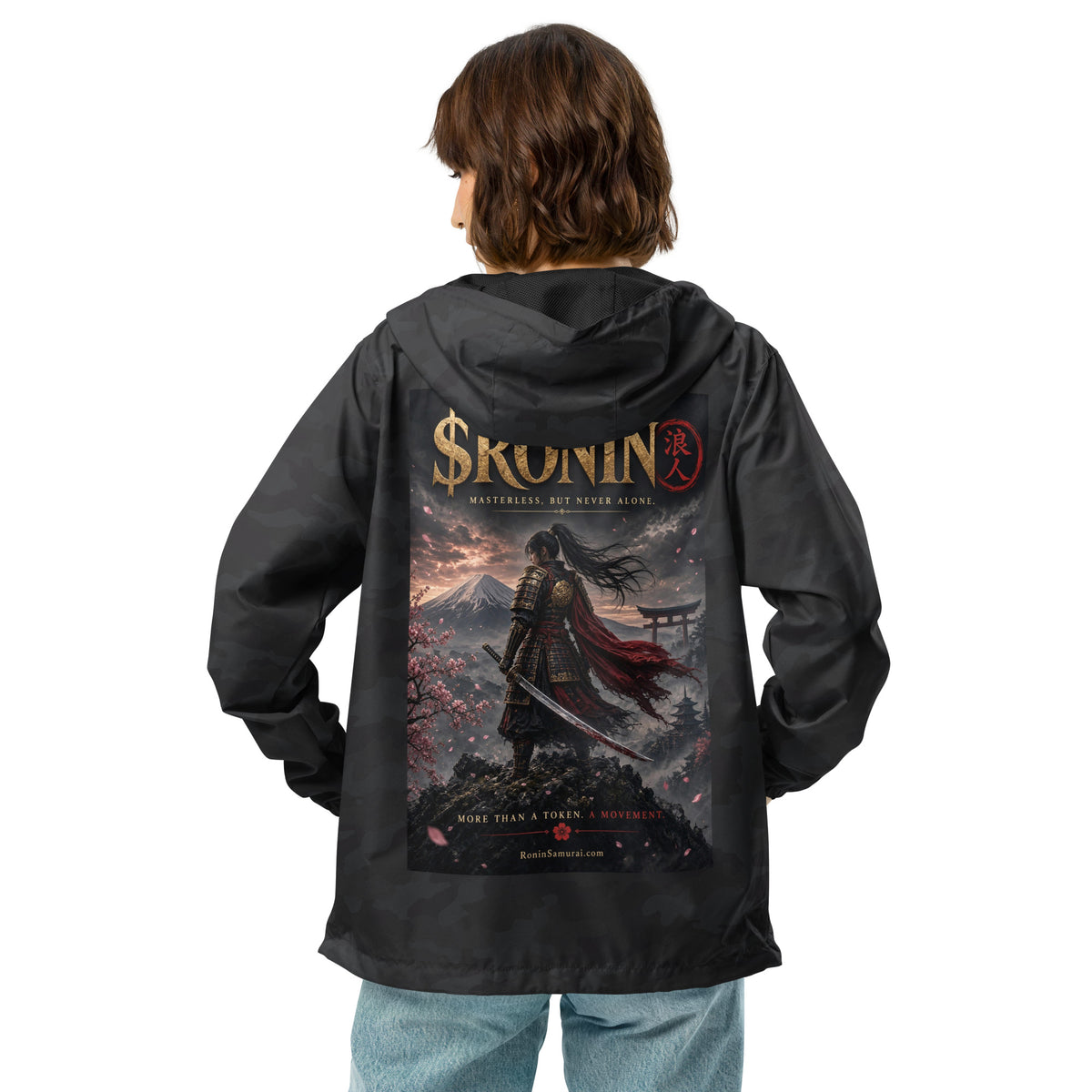 Torii Ridge Ronin Windbreaker, black camo back: back print of a caped female samurai on a ridge facing Fuji and a torii under gold $RONIN