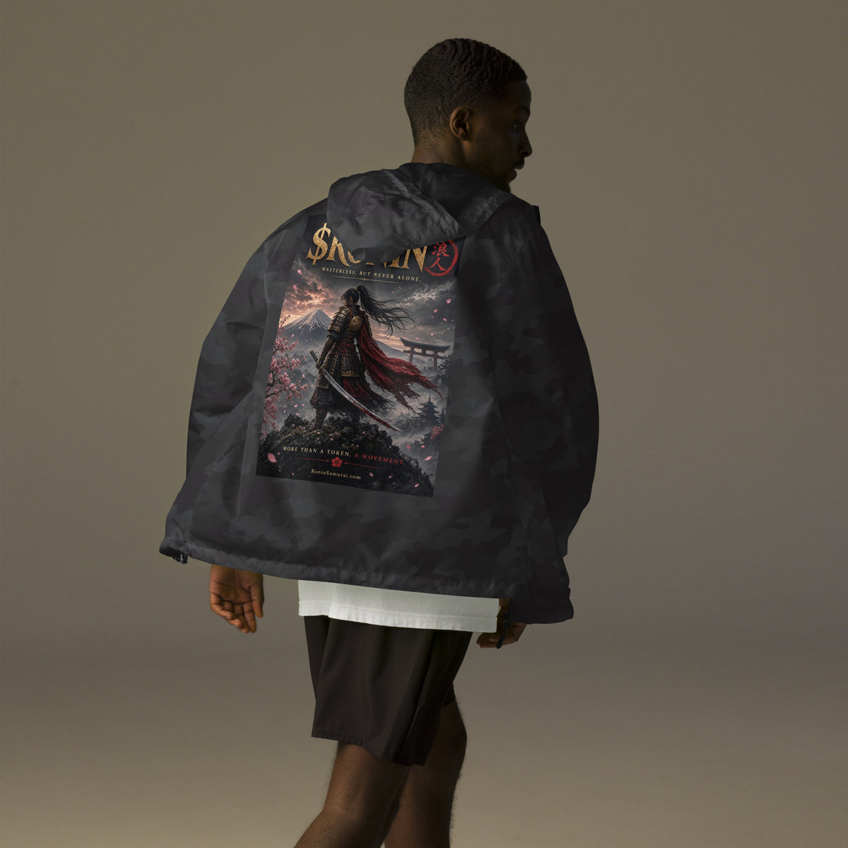 Torii Ridge Ronin Windbreaker, black camo back: back print of a caped female samurai on a ridge facing Fuji and a torii under gold $RONIN