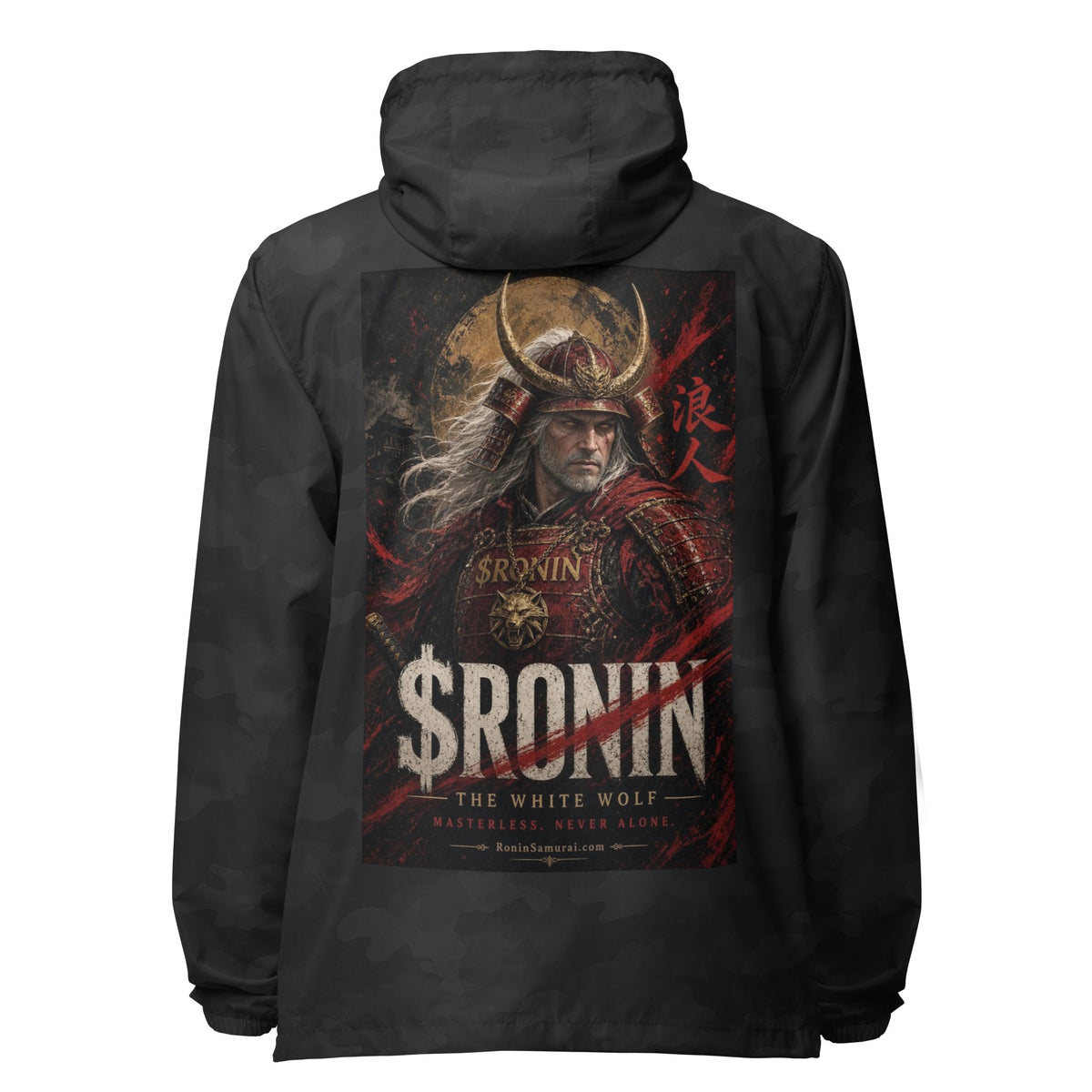 Silver-Haired Ronin Windbreaker, black camo back: back print of a silver-haired, scarred warrior in crimson armor and gold-horned kabuto under a bold $RONIN title