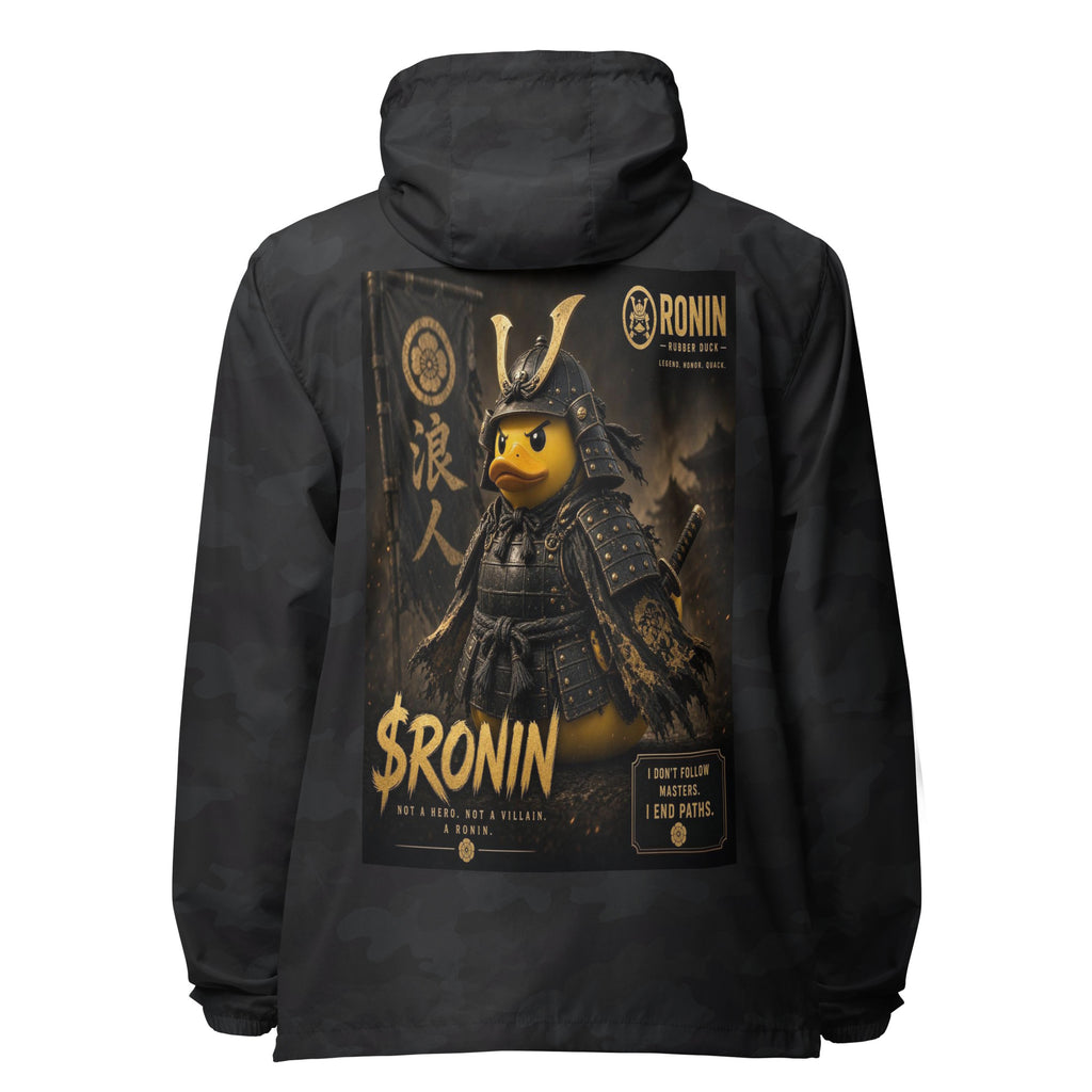 Samurai Rubber Duck Windbreaker, black camo back: back print of a yellow rubber duck in black-and-gold samurai armor, gold $RONIN