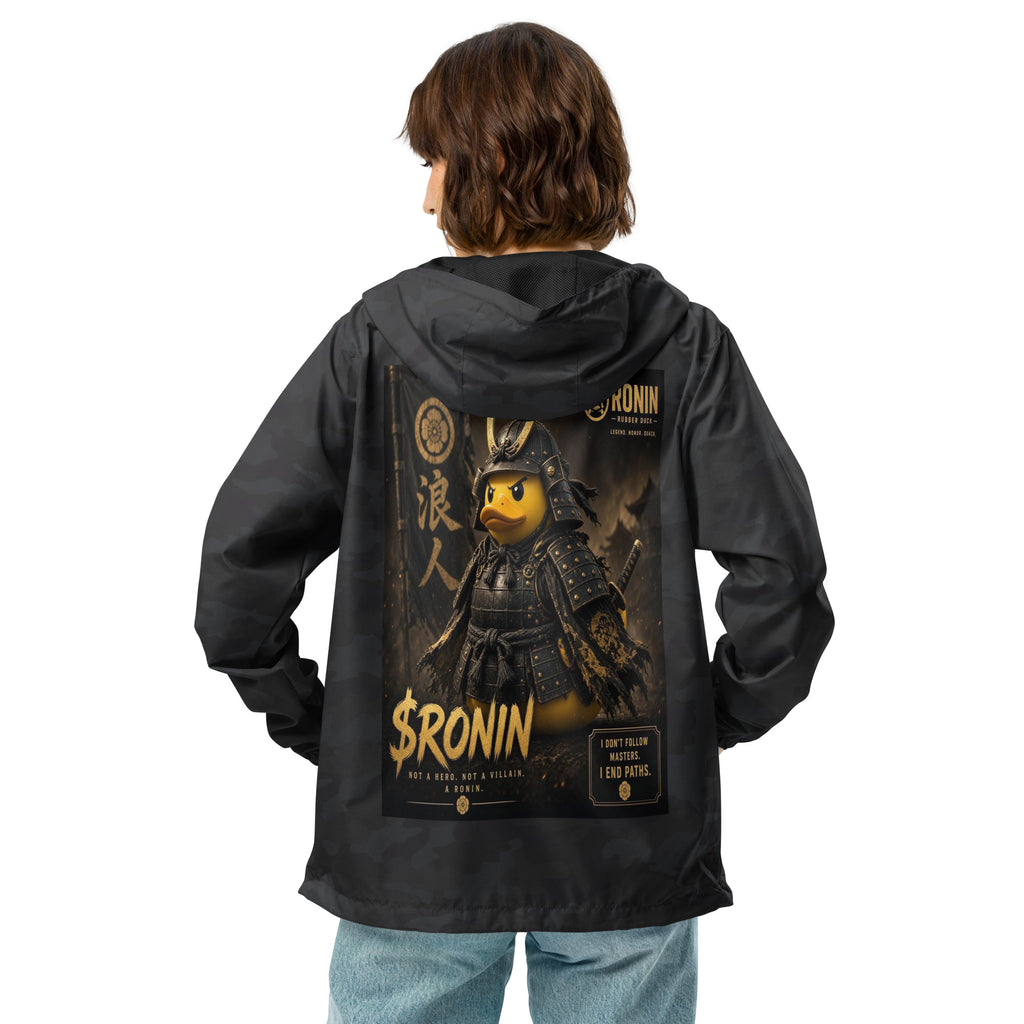 Samurai Rubber Duck Windbreaker, black camo back: back print of a yellow rubber duck in black-and-gold samurai armor, gold $RONIN