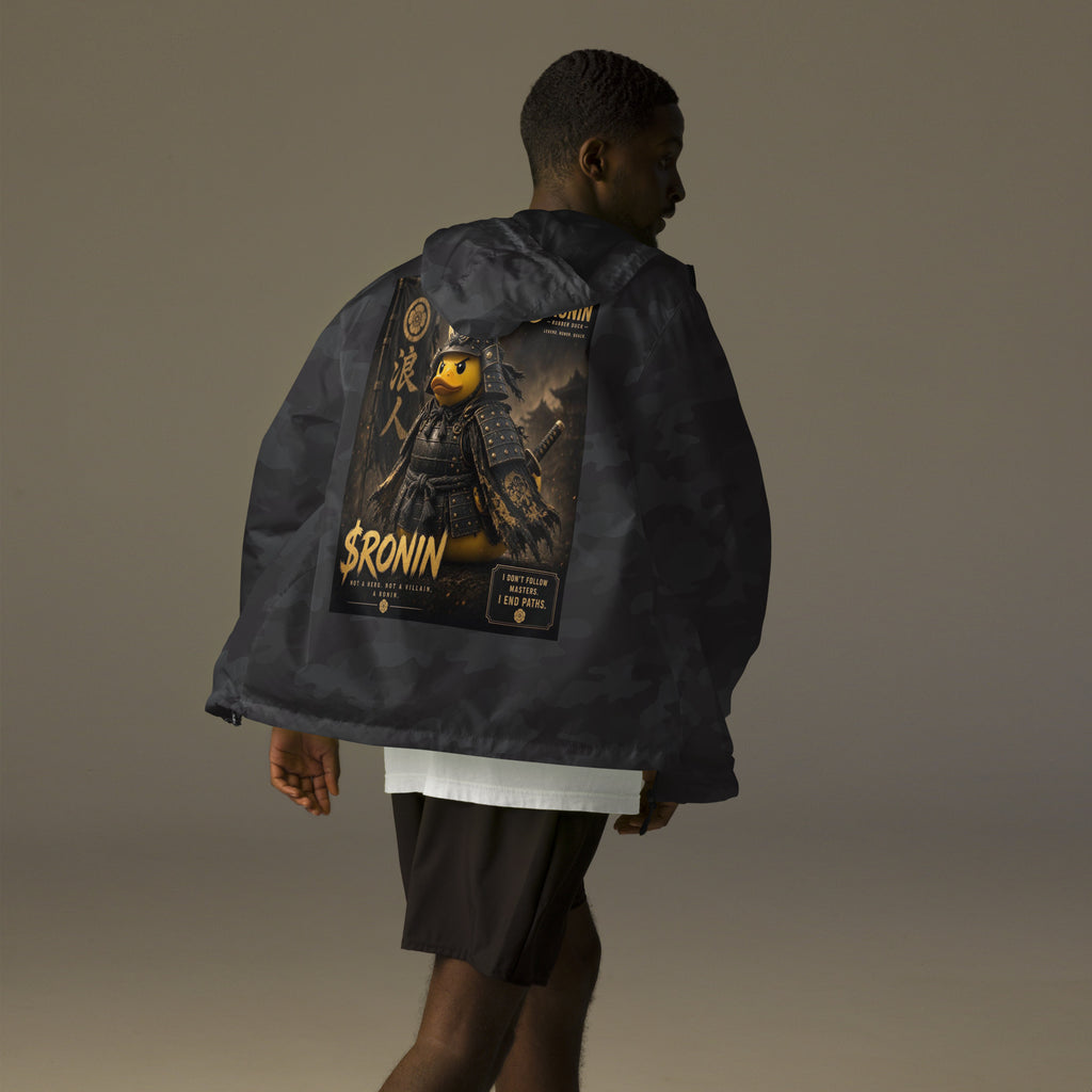 Samurai Rubber Duck Windbreaker, black camo back: back print of a yellow rubber duck in black-and-gold samurai armor, gold $RONIN